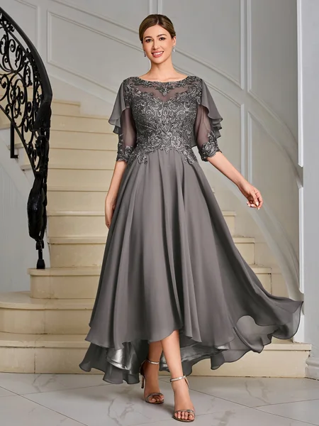 A-line Scoop 1/2 Sleeves Appliques Lace Asymmetrical Chiffon Mother of the Bride Dress
