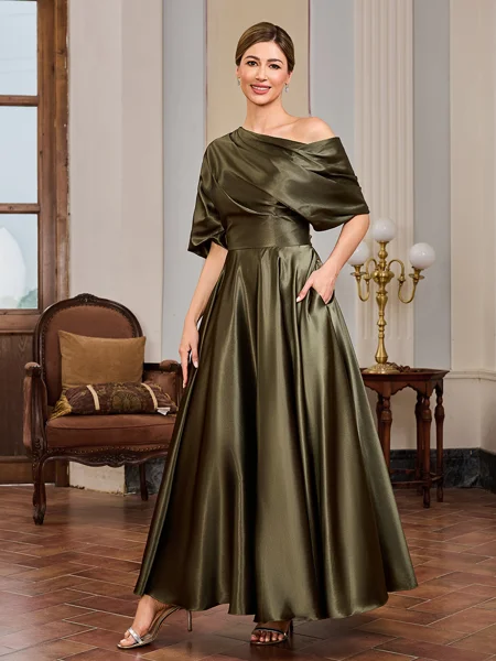 A-line Short Sleeves Pleated Ankle-Length Silk Like Satin Mother of the Bride Dress