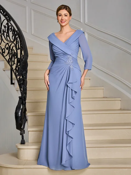 A-line V-neck 3/4 Sleeves Ruffles Floor-Length Chiffon Mother of the Bride Dress
