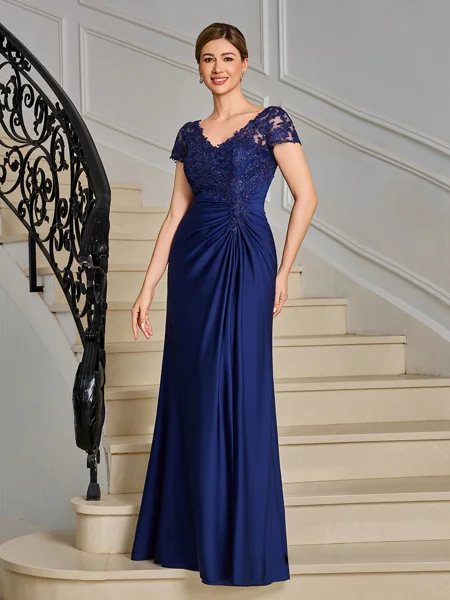 Sheath V-neck Short Sleeves Appliques Lace Floor-Length Jersey Mother of the Bride Dress
