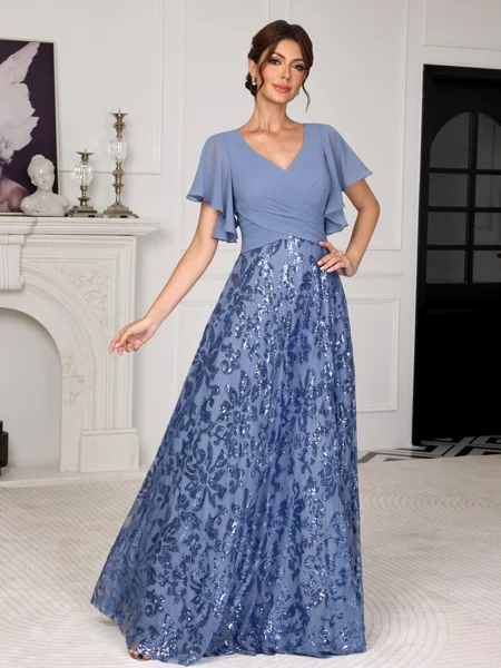 A-line V-neck Short Sleeves...