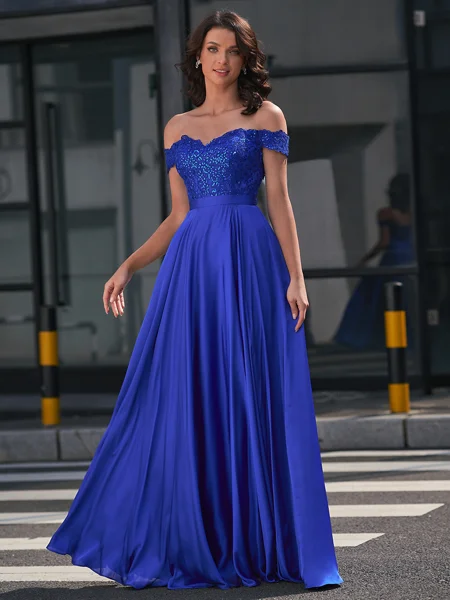 A-line Off-the-Shoulder Appliques Lace Floor-Length Satin Chiffon Dress