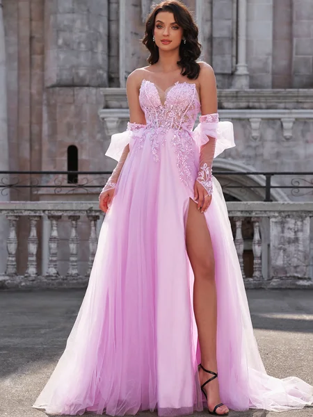 A-line Sweetheart Long Sleeves Appliques Lace Sweep Train Tulle Corset Dress