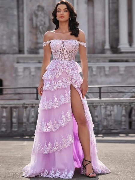 A-line Off-the-Shoulder Appliques Lace Sweep Train Tulle Corset Dress