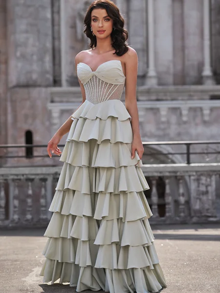 A-line Sweetheart Cascading Ruffles Floor-Length Stretch Crepe Corset Dress