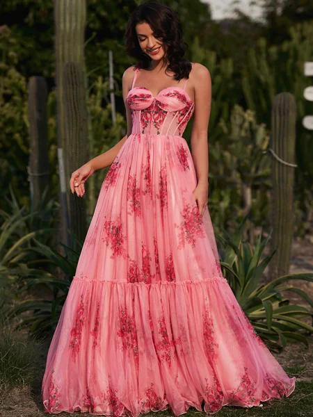 A-line Straps Pleated Sweep Train Corset Dress