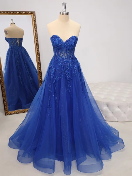 A-line Sweetheart Appliques Lace Sweep Train Tulle Corset Dress