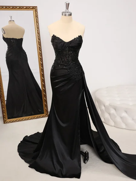 Sheath Sweetheart Appliques Lace Sweep Train Silk Like Satin Corset Dress