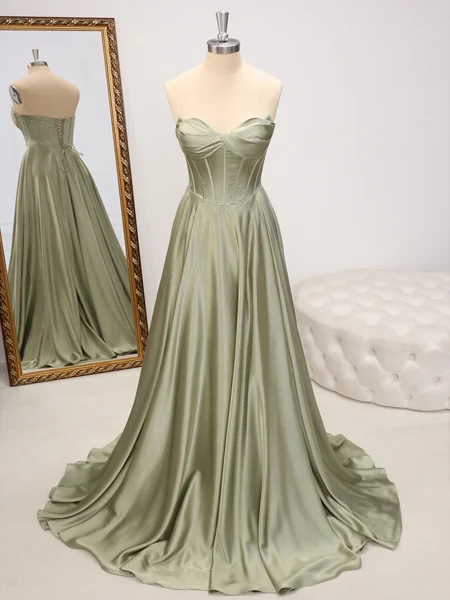 A-line Sweetheart Pleated Floor-Length Silk Like Satin Corset Dress