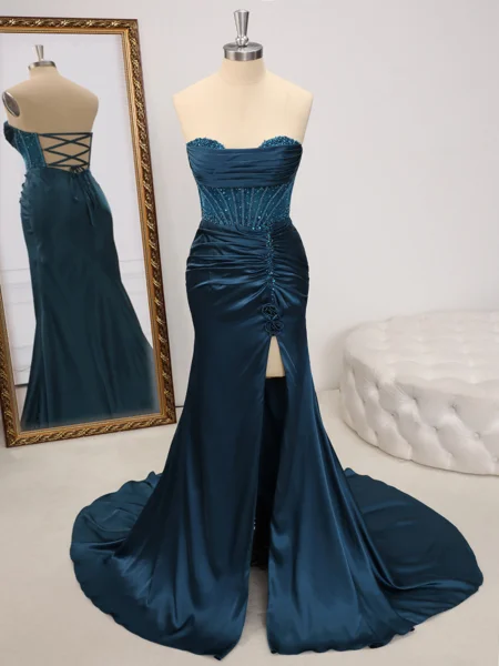 Sheath Sweetheart Pleated Sweep Train Silk Like Satin Corset Dress