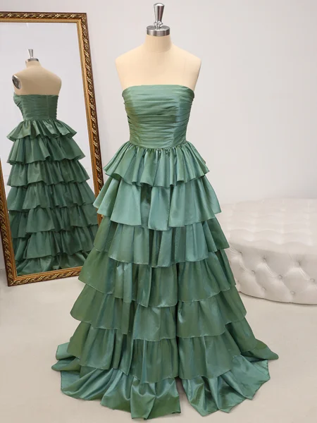 A-line Straight Cascading Ruffles Floor-Length Taffeta Dress