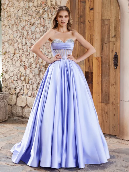 Ball-Gown Sweetheart Rhinestone Sweep Train Satin Corset Dress