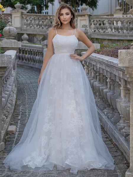 A-line/Princess Lace Spaghetti Straps Sleeveless Sweep Train Wedding Dress