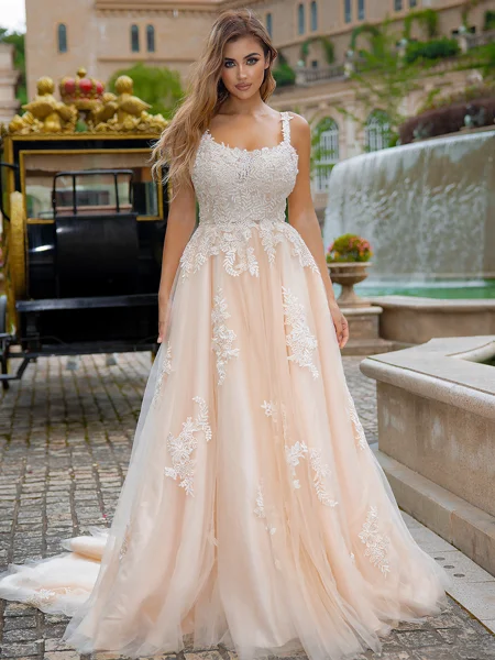 A-line/Princess Tulle Straps Sleeveless Court Train Wedding Dress