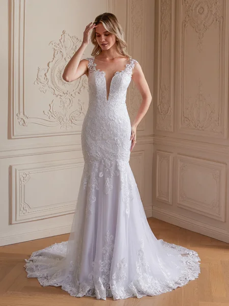 Trumpet/Mermaid Tulle Lace Scoop Sleeveless Court Train Wedding Dresses