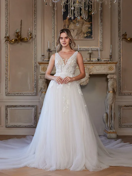 A-Line/Princess Tulle Applique V-neck Sleeveless Cathedral Train Wedding Dresses