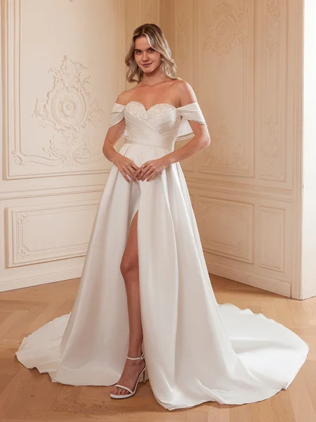 A-Line/Princess Satin Ruched Off-the-Shoulder Sleeveless Chapel Train Wedding Dresses