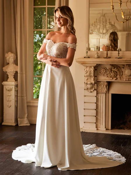 A-Line/Princess Stretch Crepe Lace Off-the-Shoulder Short Sleeves Court Train Wedding Dresses