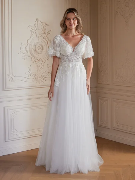 A-Line/Princess Tulle Lace V-neck Short Sleeves Floor-Length Wedding Dresses
