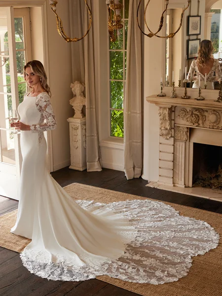 Sheath/Column Stretch Crepe Lace Scoop Long Sleeves Cathedral Train Wedding Dresses