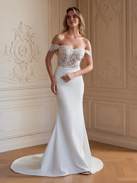 Sheath/Column Stretch Crepe Lace Off-the-Shoulder Sleeveless Court Train Wedding Dresses
