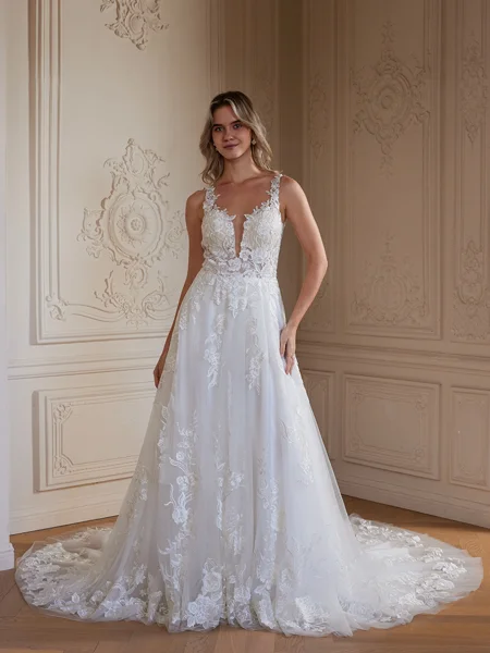 A-Line/Princess Tulle Lace Scoop Sleeveless Chapel Train Wedding Dresses