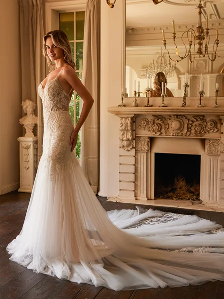Trumpet/Mermaid Tulle Lace V-neck Sleeveless Cathedral Train Wedding Dresses