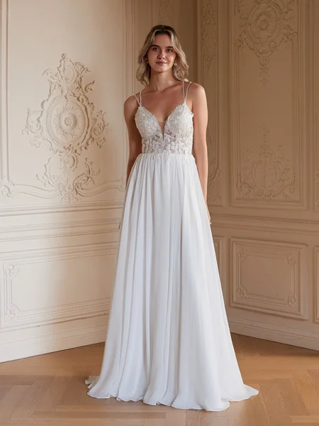 A-Line/Princess Chiffon Lace V-neck Sleeveless Sweep/Brush Train Wedding Dresses