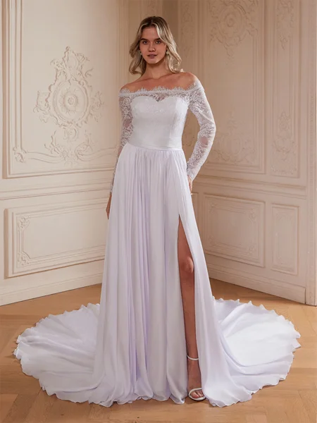 A-Line/Princess Satin Chiffon Lace Off-the-Shoulder Long Sleeves Cathedral Train Wedding Dresses