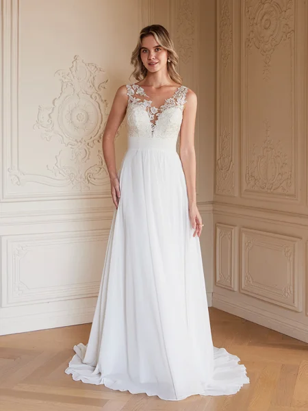 A-Line/Princess Chiffon Lace Scoop Sleeveless Sweep/Brush Train Wedding Dresses