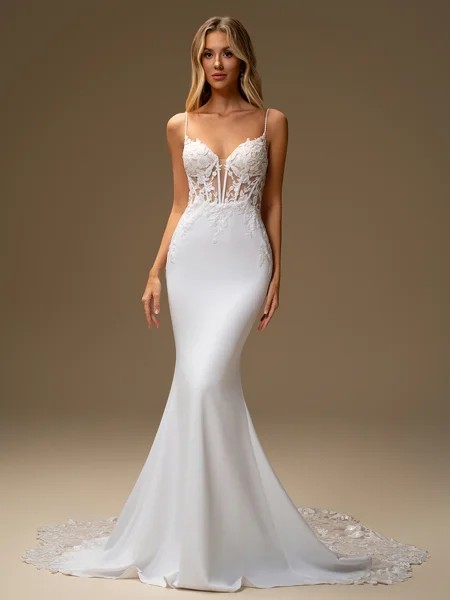 Sheath V-neck Appliques Lace Cathedral Train Stretch Crepe Corset Wedding Dress
