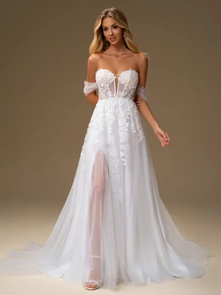 A-line Off-the-Shoulder Appliques Lace Chapel Train Tulle Corset Wedding Dress