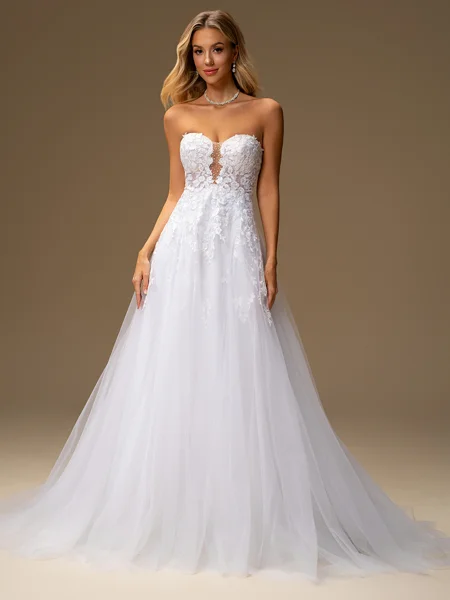 A-line Sweetheart Appliques Lace Court Train Tulle Wedding Dress