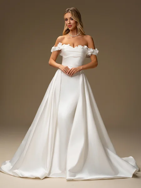 Sheath Off-the-Shoulder Flower Court Train Satin Convertible Wedding Dress