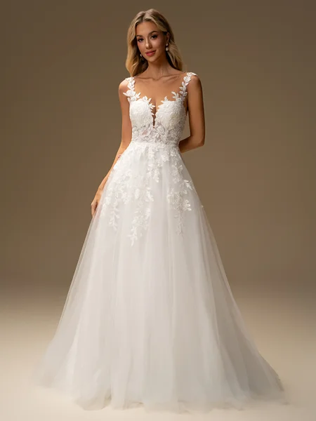 A-line Scoop Appliques Lace Sweep Train Tulle Wedding Dress