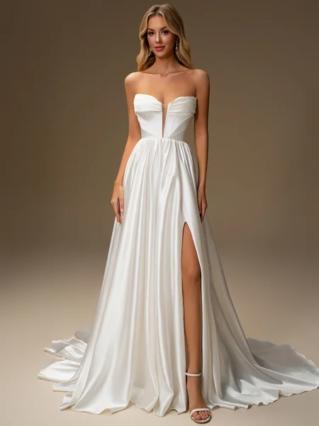 A-line Straight Pleated Court Train Corset Wedding Dress