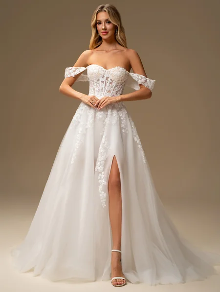 A-line Off-the-Shoulder Appliques Lace Court Train Tulle Corset Wedding Dress