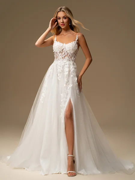 A-line Spaghetti Straps Appliques Lace Court Train Tulle Corset Wedding Dress