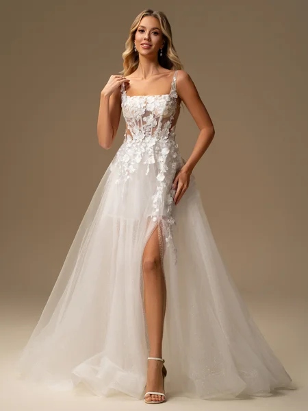 A-line Square Appliques Lace Court Train Tulle Corset Wedding Dress