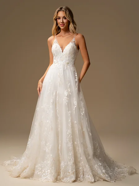 A-line V-neck Appliques Lace Chapel Train Tulle Wedding Dress
