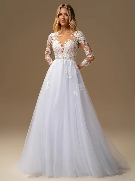 A-line Scoop Long Sleeves Appliques Lace Court Train Tulle Wedding Dress
