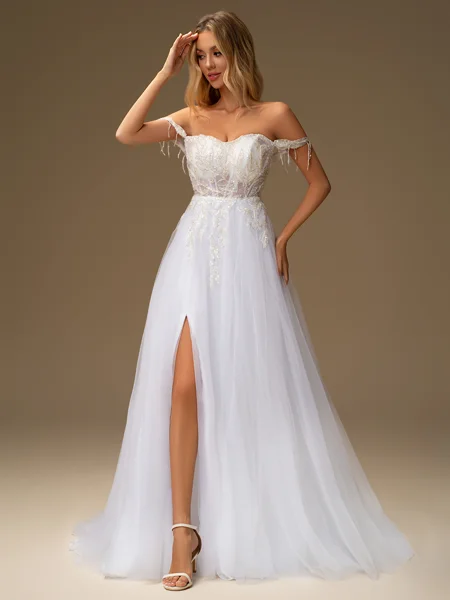 A-line Off-the-Shoulder Appliques Lace Court Train Tulle Corset Wedding Dress