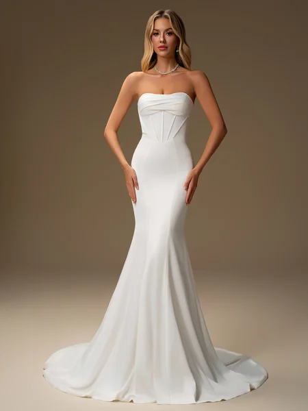 Sheath Sweetheart Pleated Sweep Train Charmeuse Corset Wedding Dress