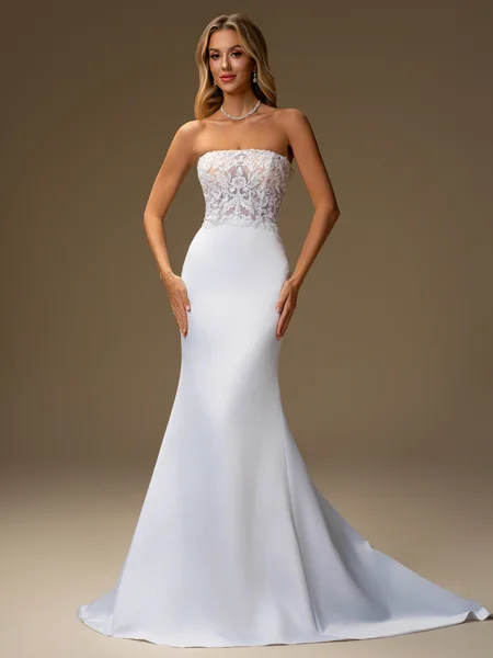 Sheath Straight Appliques Lace Sweep Train Satin Wedding Dress