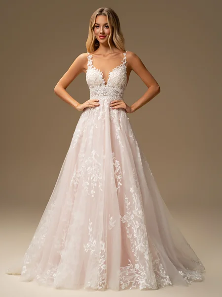 A-line Scoop Appliques Lace Sweep Train Tulle Wedding Dress