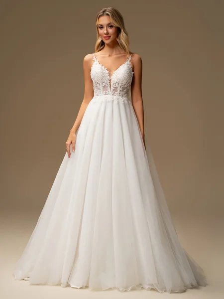 A-line V-neck Appliques Lace Sweep Train Tulle Wedding Dress