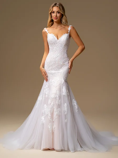 Mermaid V-neck Appliques Lace Chapel Train Tulle Wedding Dress