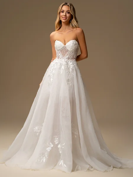 A-line Sweetheart Appliques Lace Sweep Train Tulle Wedding Dress