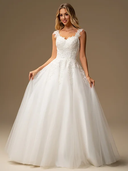 Ball-Gown Sweetheart Appliques Lace Floor-Length Tulle Wedding Dress