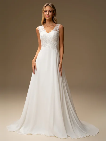 A-line V-neck Appliques Lace Sweep Train Chiffon Wedding Dress